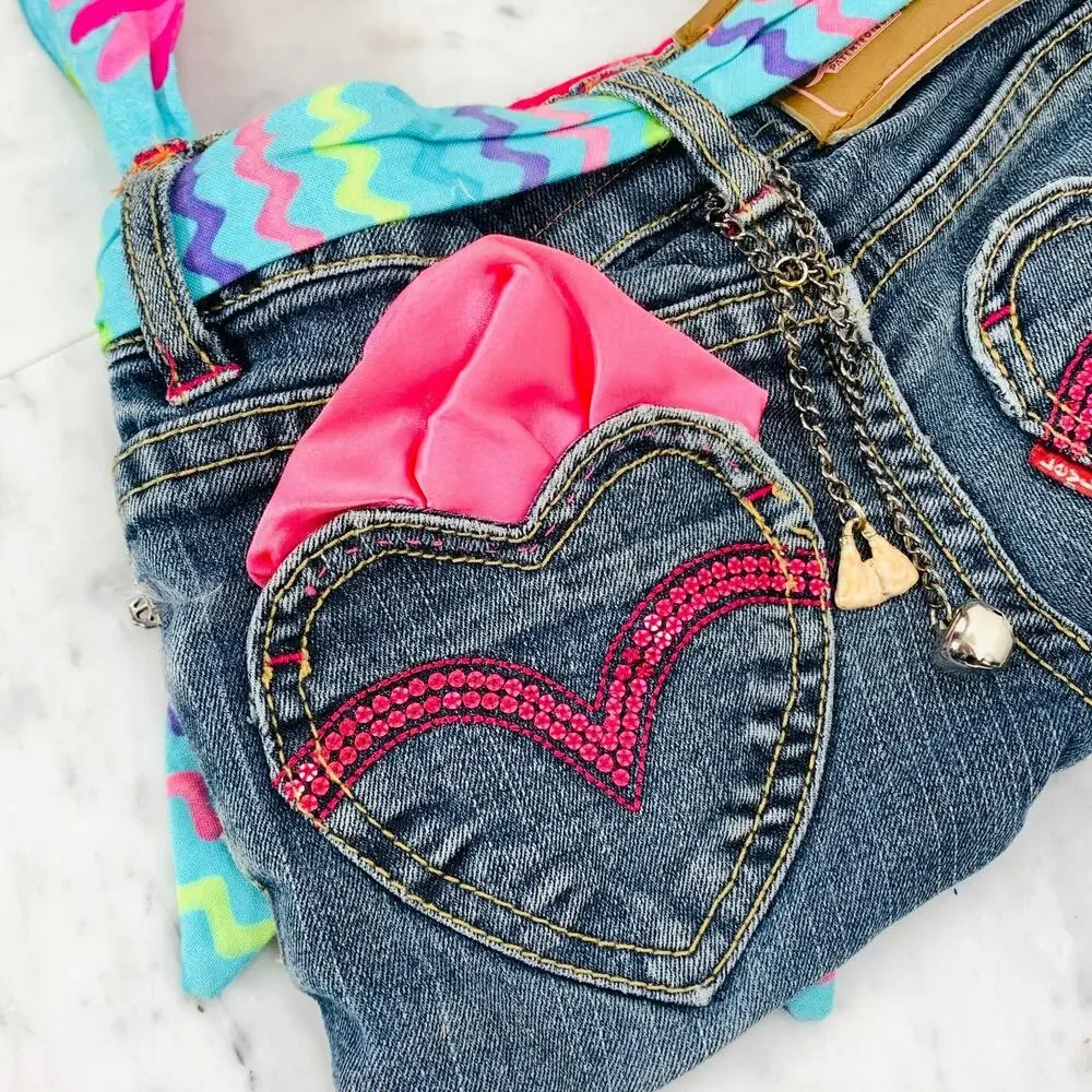 LEVI'S Denim Purse Floral Embroidered Heart Pockets Belt Charms Jean Bag EUC
